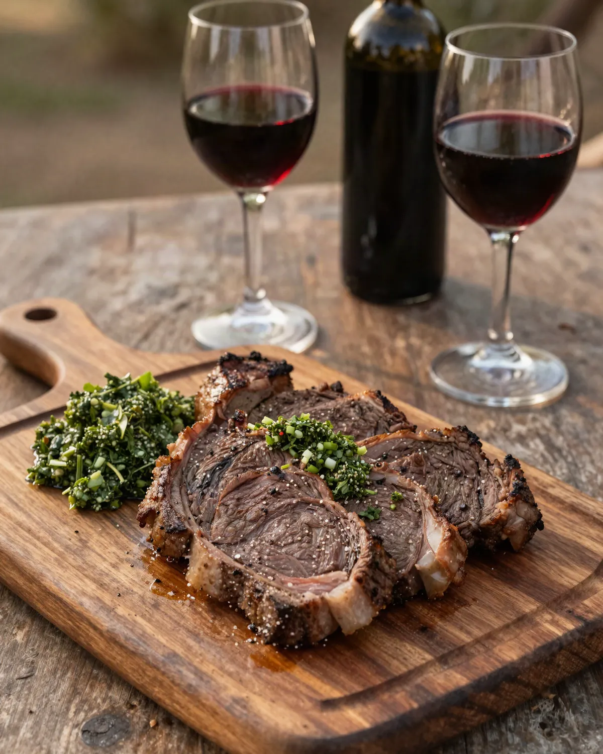 Asado cortado en una tabla con dos copas de Malbec